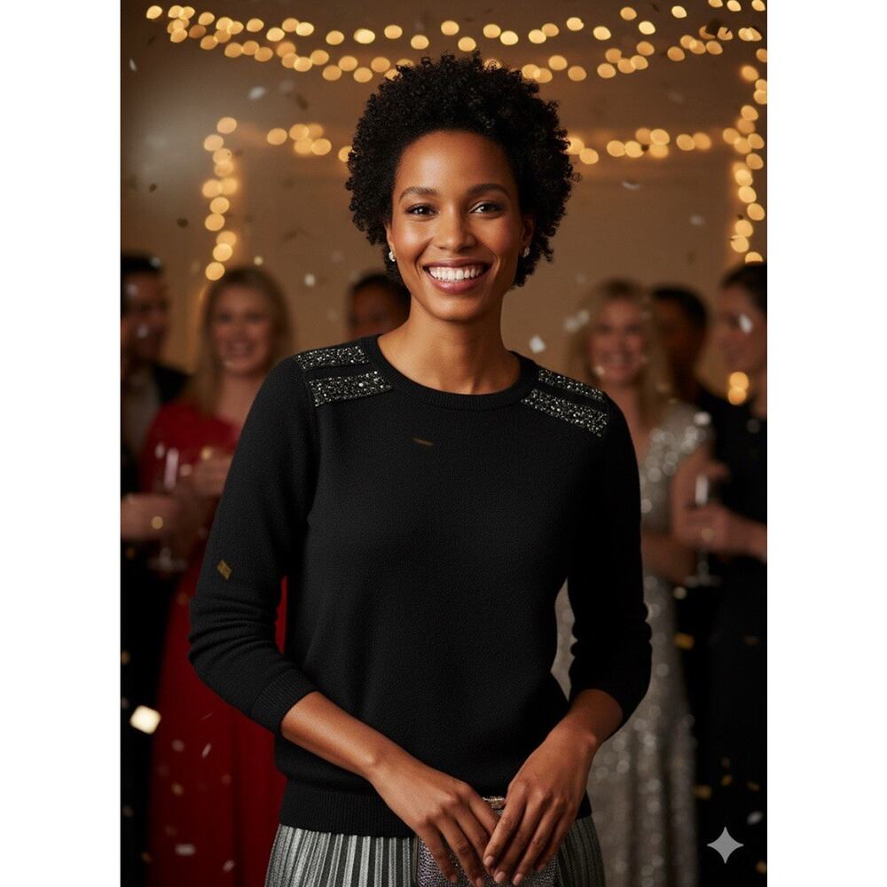 C By Bloomingdale's 100% Cashmere Embellished Shoulders Sweater Sz M Black $228